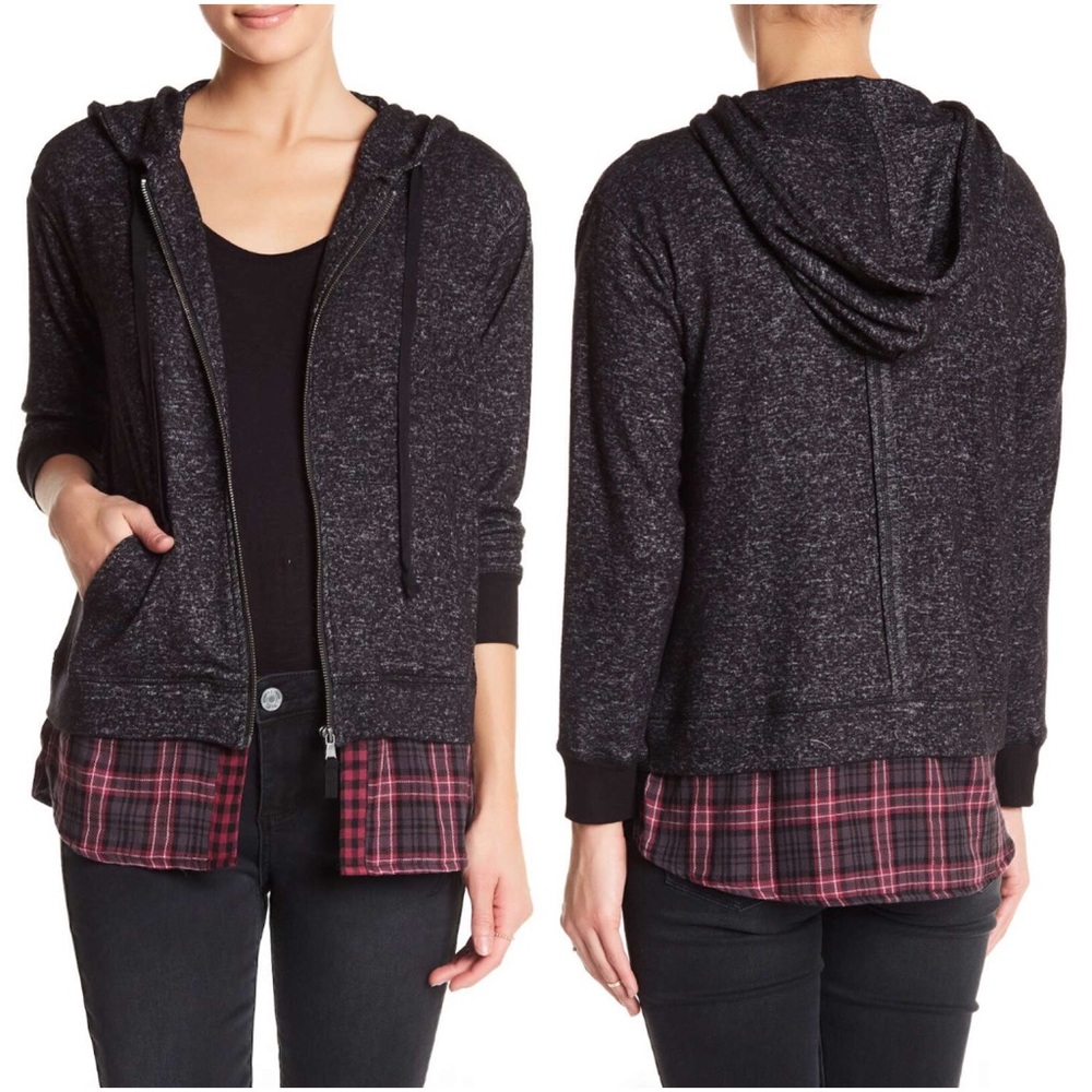 🛍 Democracy Plaid Hem Zip Hoodie Small NWT